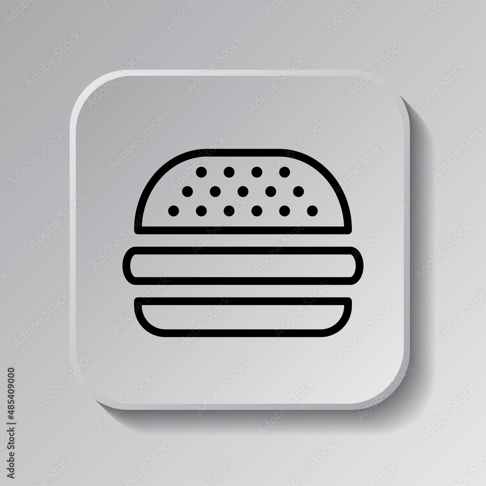 Poster burger simple icon, vector. flat desing. black icon on square button with shadow. grey background.ai