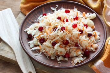 vegetable salad of cabbage and carrots after lactic acid fermentation. homemade Russian food.
