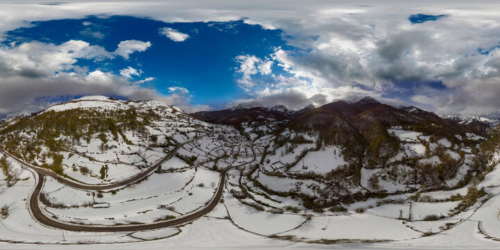 The snow in aerial photo with my drone in Tarna of Redes Natural Park in Asturias