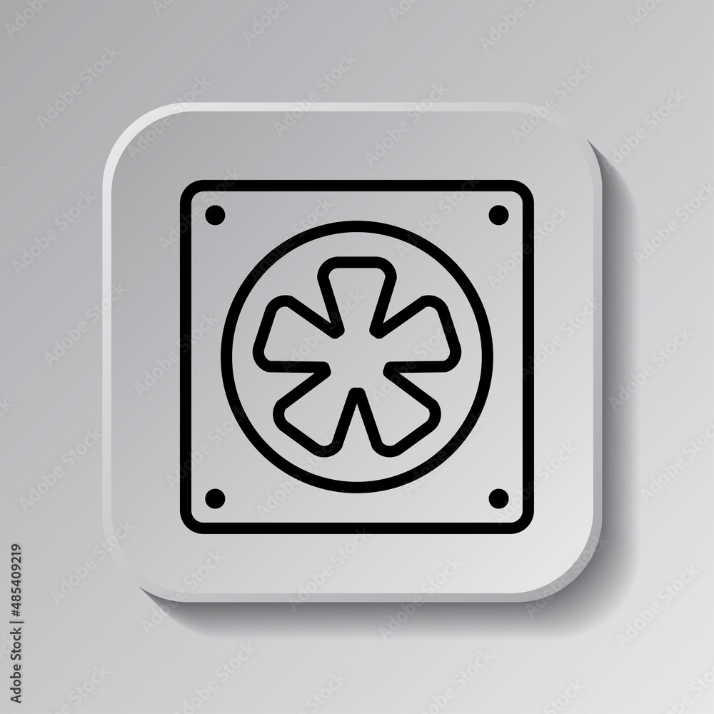 Poster cooler, pc simple icon. flat desing. black icon on square button with shadow. grey background.ai