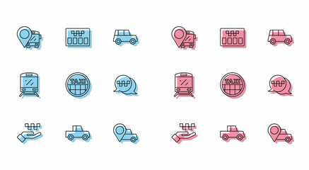 Set line Hand with taxi, Car, Location bus, Taxi car roof, call telephone service, Train and Taximeter icon. Vector