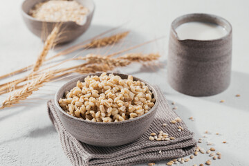 Bowl of cooked peeled barley grains porridge