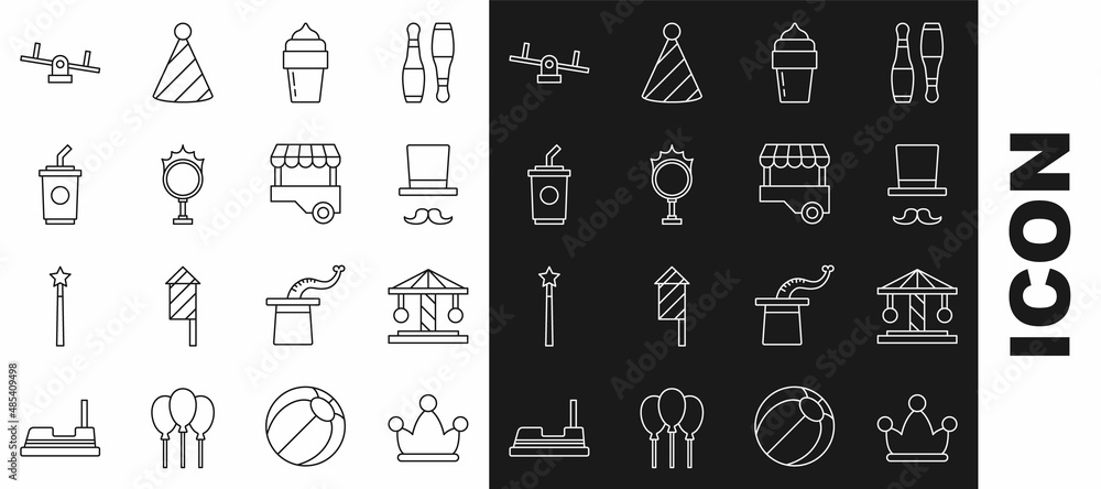 Poster Set line Jester hat with bells, Attraction carousel, Magician, Ice cream, Circus fire hoop, Paper glass water, Seesaw and Fast street food cart icon. Vector