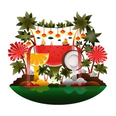 Tropical island with waterfalls, palms and fruits. Image for poster or game. Island for rest and relaxation. 