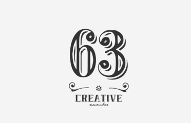 63 vintage number logo icon with black and white color design. Creative template for company and business