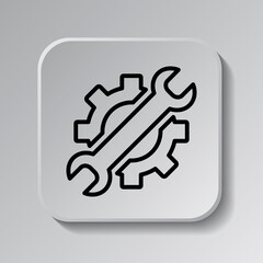 Gear wrench simple icon. Flat desing. Black icon on square button with shadow. Grey background.ai