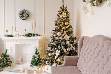 Beautiful living room interior with fireplace and Christmas tree, Christmas decor