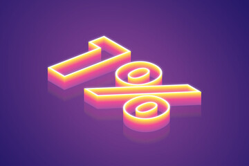 3d render, number 1% one percent, the best digital symbol illustration, pink purple gradient neon light glowing on the dark blue-purple background