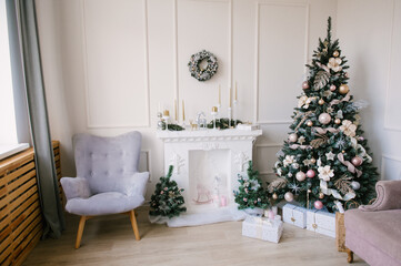 Beautiful living room interior with fireplace and Christmas tree, Christmas decor