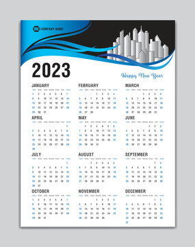 Calendar 2023 Template, Wall Calendar 2023 Vector, Desk Calendar Design, Week Start On Sunday, Poster, Planner, Stationery, Printing, vertical artwork, Blue wave background concept, Calendar design