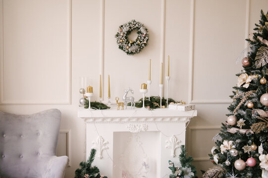 Beautiful living room interior with fireplace and Christmas tree, Christmas decor