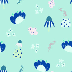 Abstract flowers and leaves seamless pattern on pale blue background