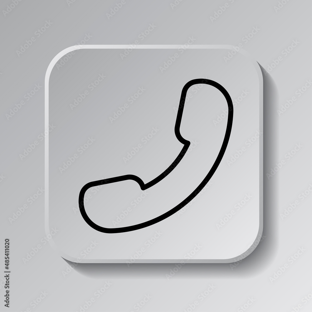 Poster phone, call simple icon. flat desing. black icon on square button with shadow. grey background.ai