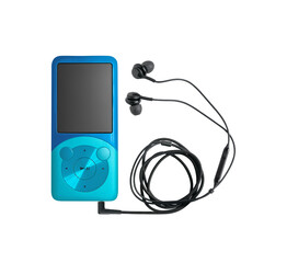 Digital audio player and earphones isolated on white background