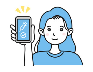 ワクチン接種証明書（ワクチンパスポート）をスマホで見せる女性のイラスト素材