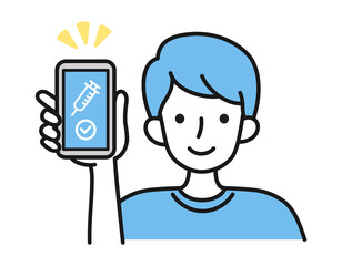 ワクチン接種証明書（ワクチンパスポート）をスマホで見せる男性のイラスト素材