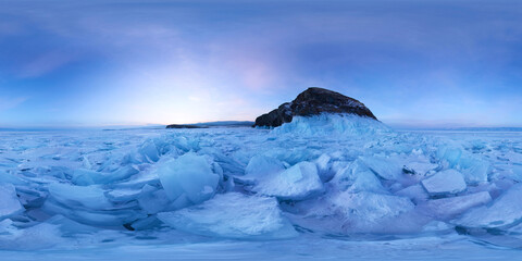 Ice hummocks field of Lake Baikal at the on Olkhon Island. Spherical 360 degree vr panorama