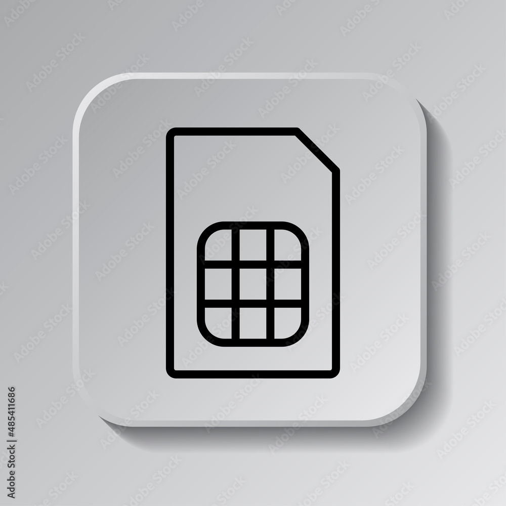 Poster sim card simple icon. flat desing. black icon on square button with shadow. grey background.ai