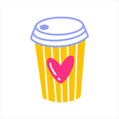 An icon of cup of coffee with heart label. Hand drawn vector illustration for valentine cards, gifts and souvenirs.