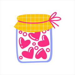 An icon of jar with heart-shaped cookies. Hand drawn vector illustration for valentine cards, gifts and souvenirs.
