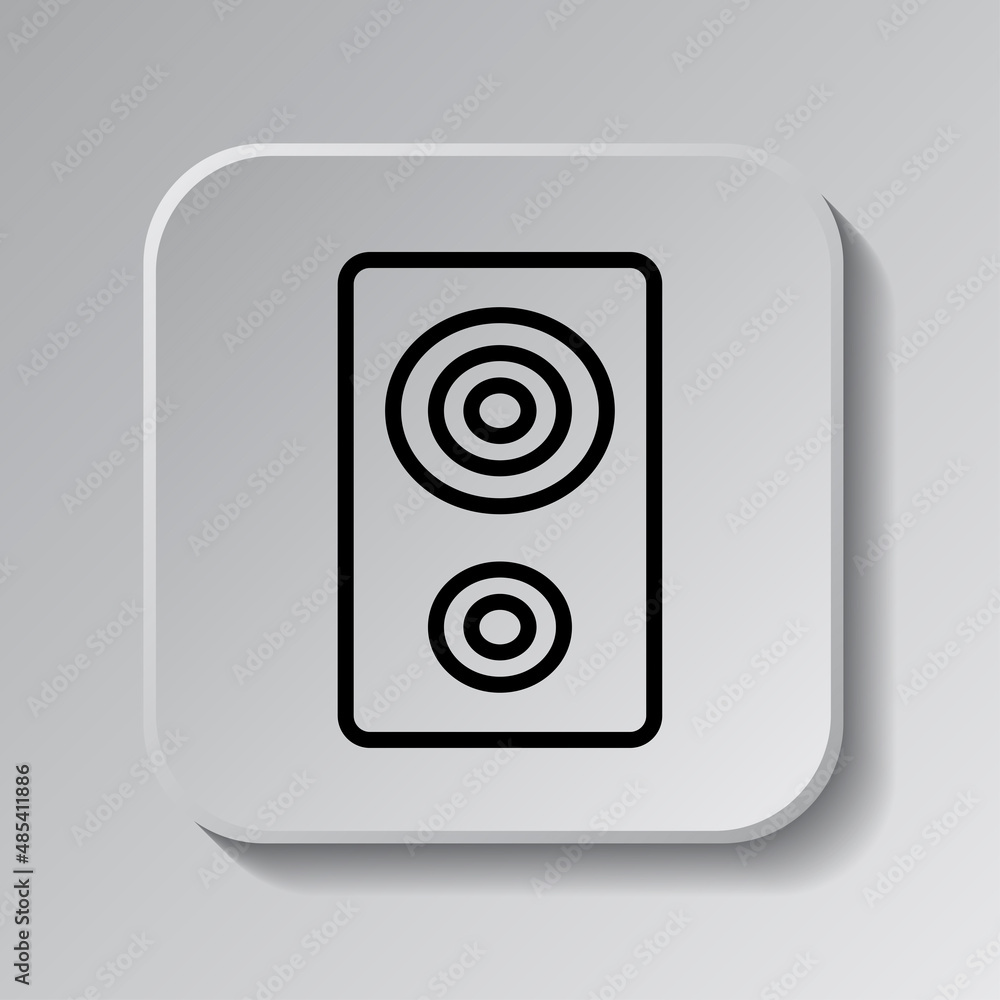 Poster speaker musical simple icon. flat desing. black icon on square button with shadow. grey background.a