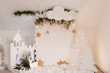 Christmas interior decor , white fabulous wooden photo zone for the new year