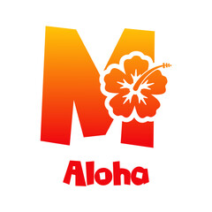 Logotipo texto Aloha con letra M en tipografía tiki con silueta de flor de hibisco en color naranja