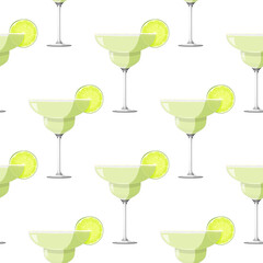 Margarita cocktail with slice of lime realistic vector background. Alcohol drink seamless pattern.