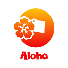 Logotipo texto Aloha con letra O en tipografía tiki con silueta de flor de hibisco en color naranja
