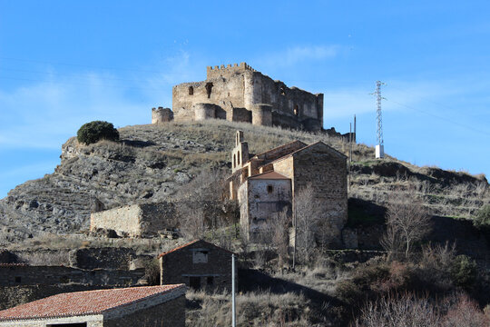 Landscape of Magaña with its castle, a town in the province of Soria (Spain)