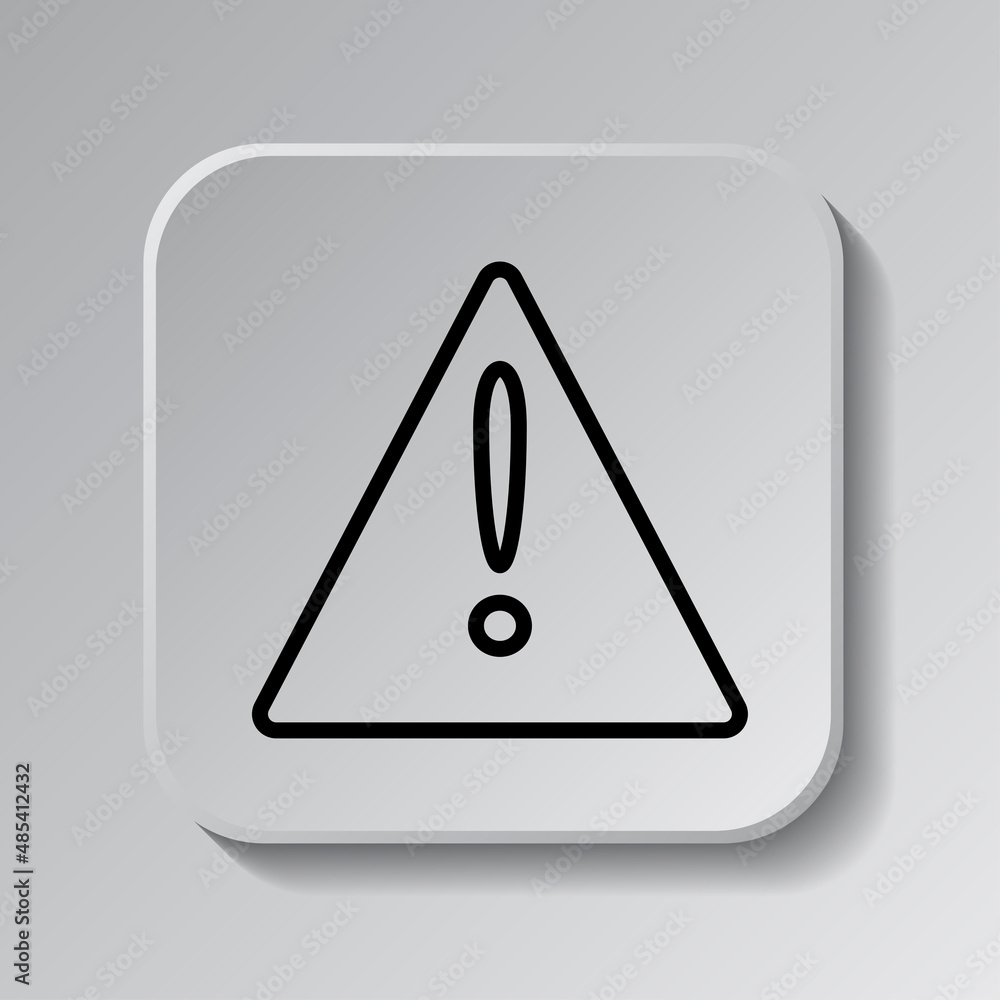 Poster warning triangle simple icon. flat desing. black icon on square button with shadow. grey background.
