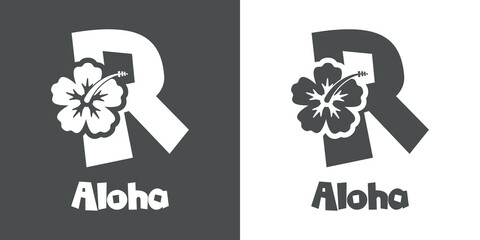 Logotipo texto Aloha con letra R en tipografía tiki con silueta de flor de hibisco en fondo gris y fondo blanco	