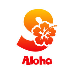 Logotipo texto Aloha con letra S en tipografía tiki con silueta de flor de hibisco en color naranja