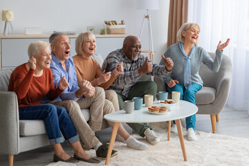 Emotional senior people watching television in the living room - Powered by Adobe