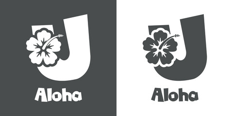 Logotipo texto Aloha con letra U en tipografía tiki con silueta de flor de hibisco en fondo gris y fondo blanco	