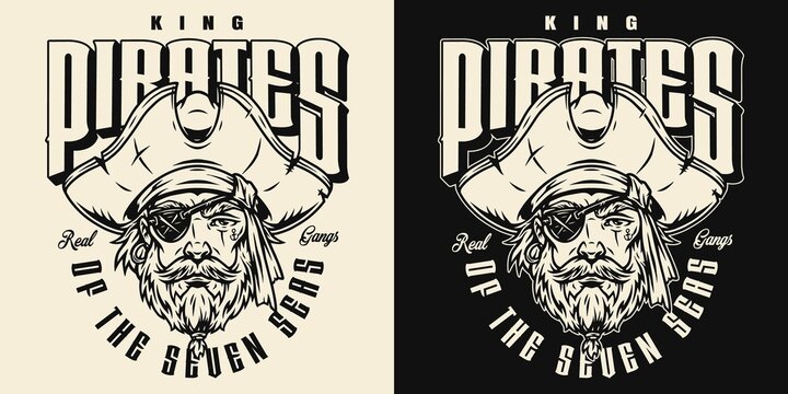 Vintage monochrome pirate face, wearing hat and eye patch marine logo isolated vector