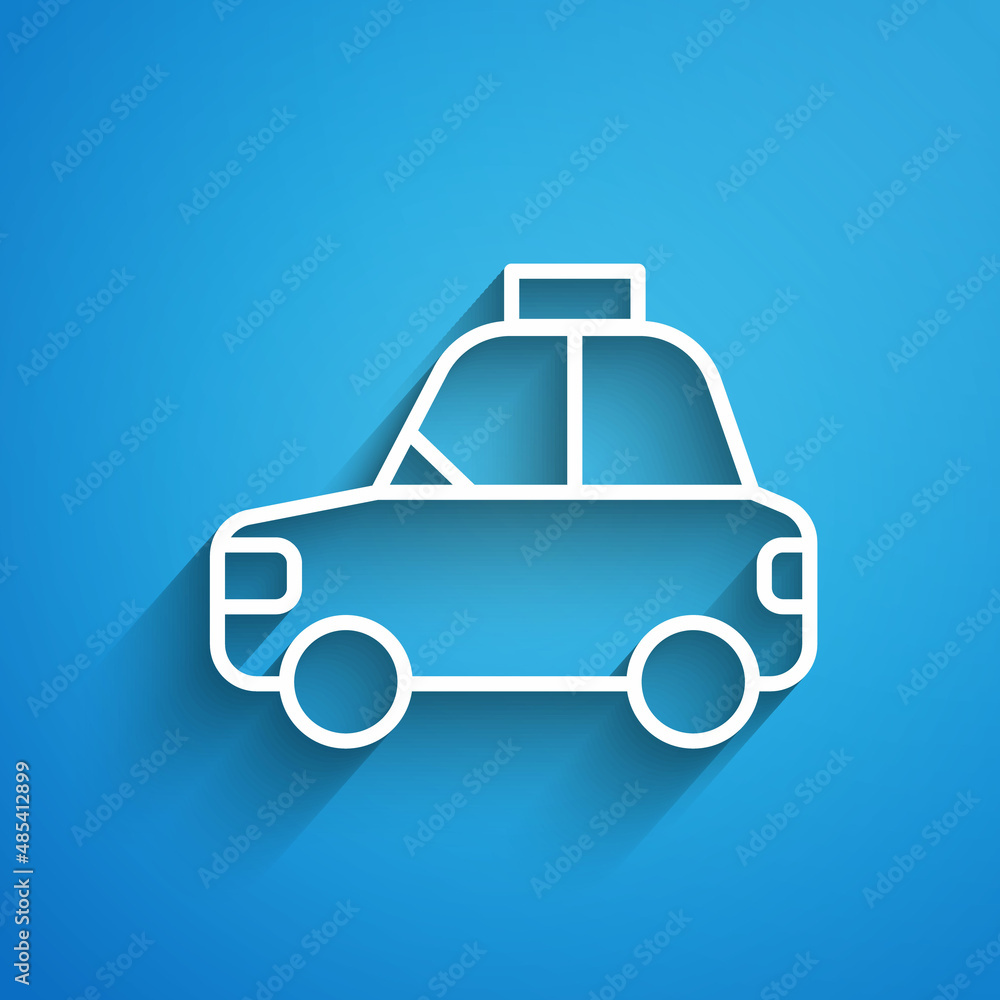 Poster white line pet car taxi icon isolated on blue background. long shadow. vector