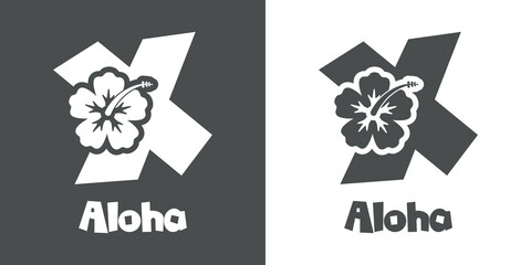 Logotipo texto Aloha con letra X en tipografía tiki con silueta de flor de hibisco en fondo gris y fondo blanco	