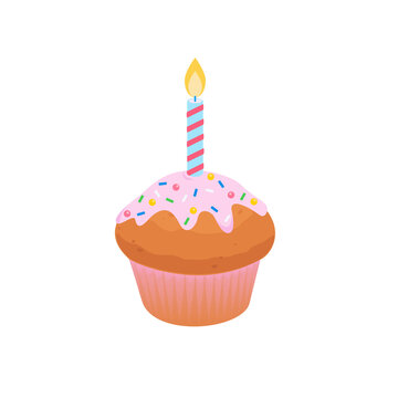 A festive cupcake with a candle for a birthday. Decorated with pink glaze with multicolored splashes. Vector image to illustrate menus and things.