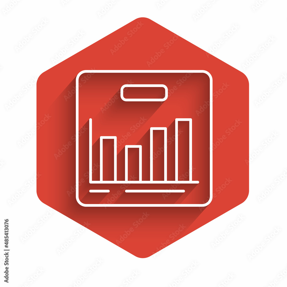 Poster white line pie chart infographic icon isolated with long shadow. diagram chart sign. red hexagon but