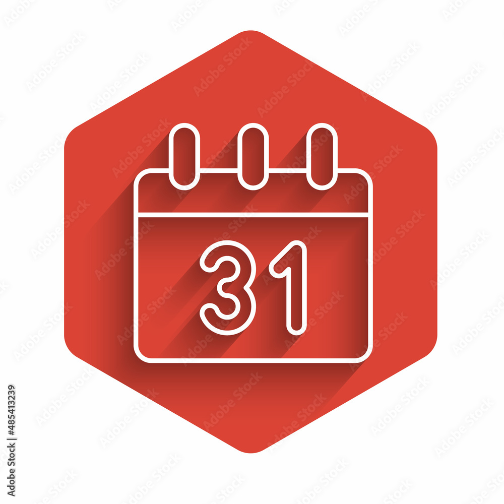 Poster white line calendar icon isolated with long shadow. event reminder symbol. merry christmas and happy