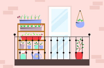 Urban gardening collection. People living in the city grow vegetables on the balcony and in pots. Colorful hand drawn vector illustration