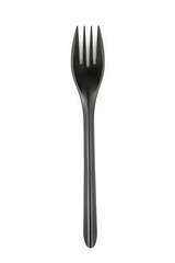 Disposable black plastic fork isolated on white background. Close-up. Full depth of field.