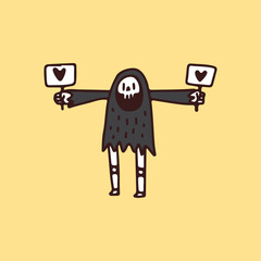 Funny Grim Reaper Skull holding love symbol, illustration for t-shirt, poster, sticker, or apparel merchandise. With retro cartoon style.