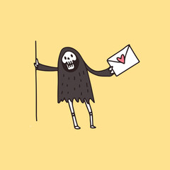 Grim Reaper Skull holding love letter, illustration for t-shirt, poster, sticker, or apparel merchandise. With retro cartoon style.