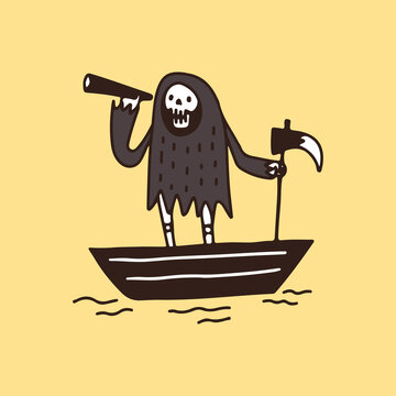 recommend clip art: Grim Reaper Skull on the boat and holding binoculars, illustration for t-shirt, poster, sticker, or apparel merchandise. With retro cartoon style.
