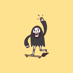 Retro Grim Reaper Skull ride skateboard, illustration for t-shirt, poster, sticker, or apparel merchandise. With cartoon style.
