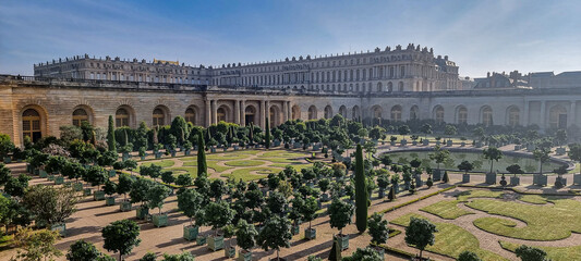 A Beautiful shot of green plants and grass in Gardens of Versailles under the sun