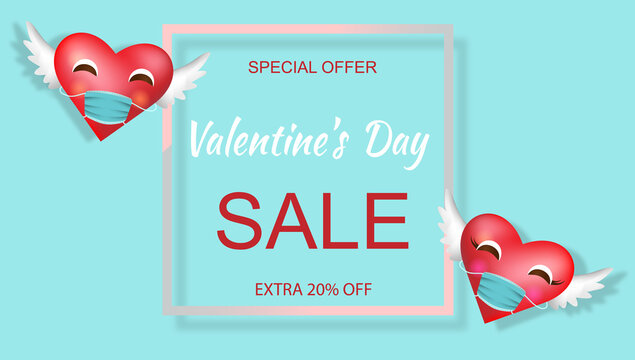 Valentines day sale background with hearts in a medical mask and frame. Wallpaper, flyers, invitation, posters, brochure, banners..