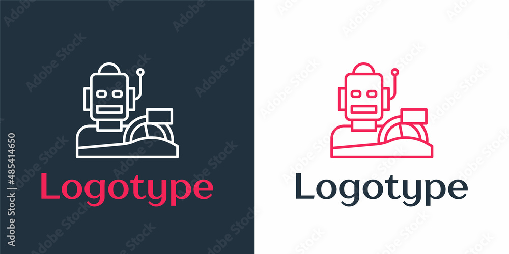 Poster logotype line robot humanoid driving a car icon isolated on white background. artificial intelligenc